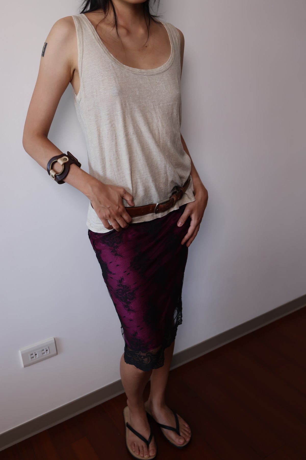 DKNY Purple Sheer Silk Lace Trim Skirt