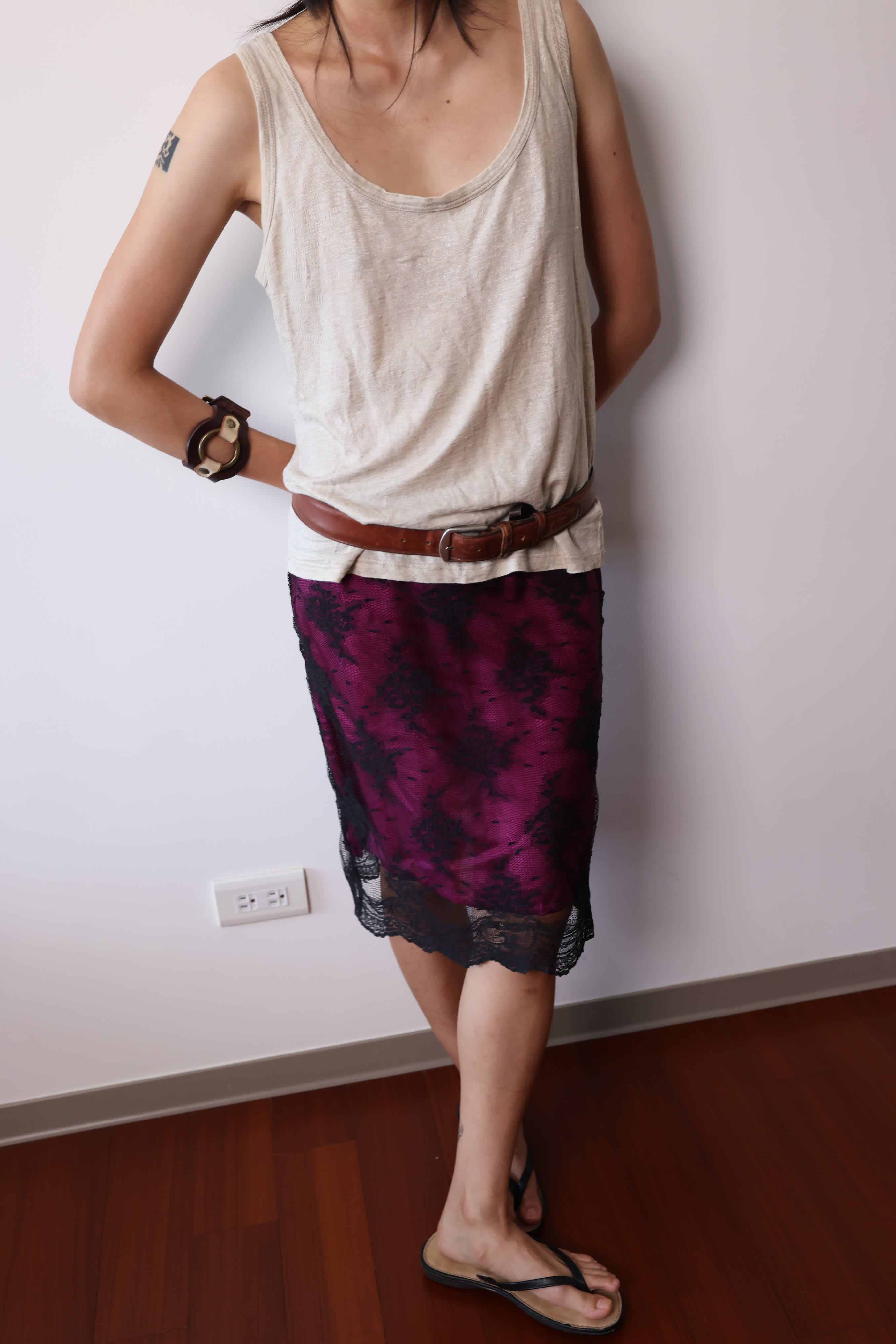 DKNY Purple Sheer Silk Lace Trim Skirt