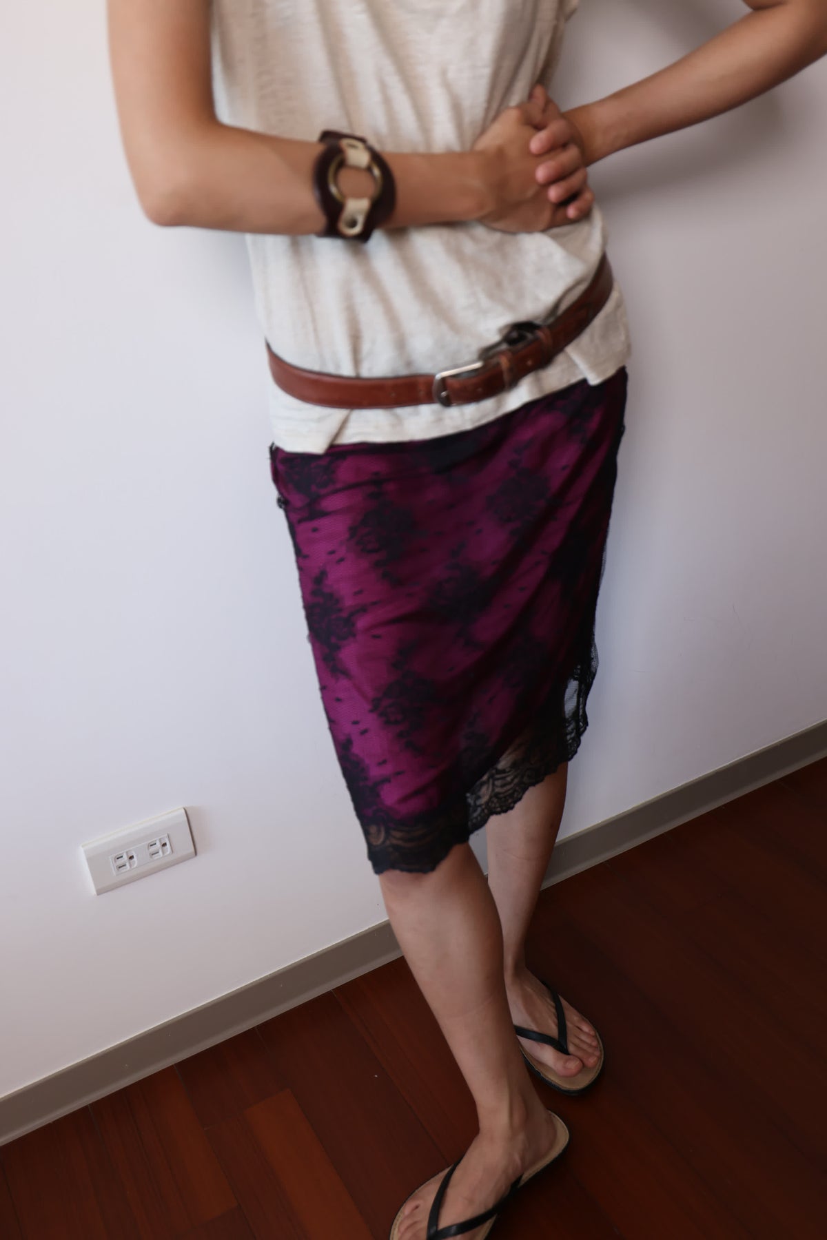 DKNY Purple Sheer Silk Lace Trim Skirt
