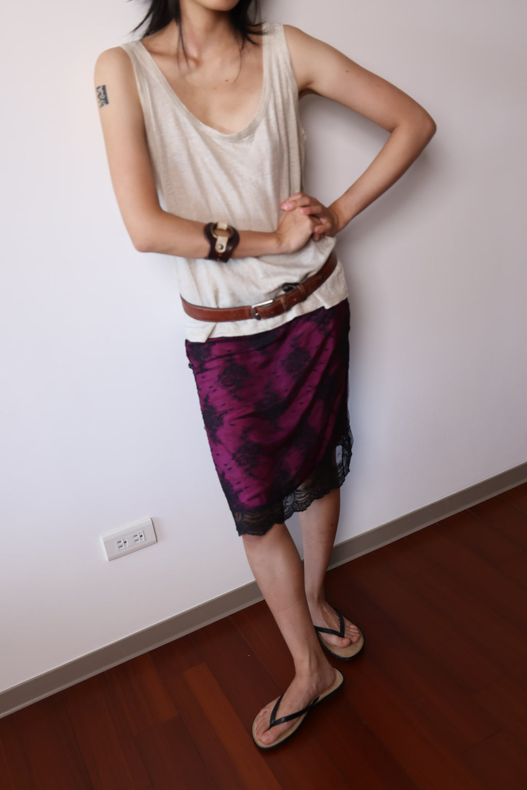 DKNY Purple Sheer Silk Lace Trim Skirt