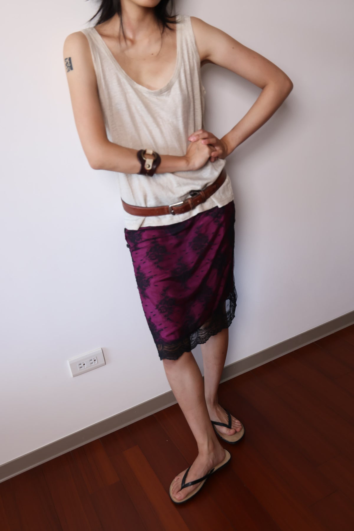 DKNY Purple Sheer Silk Lace Trim Skirt