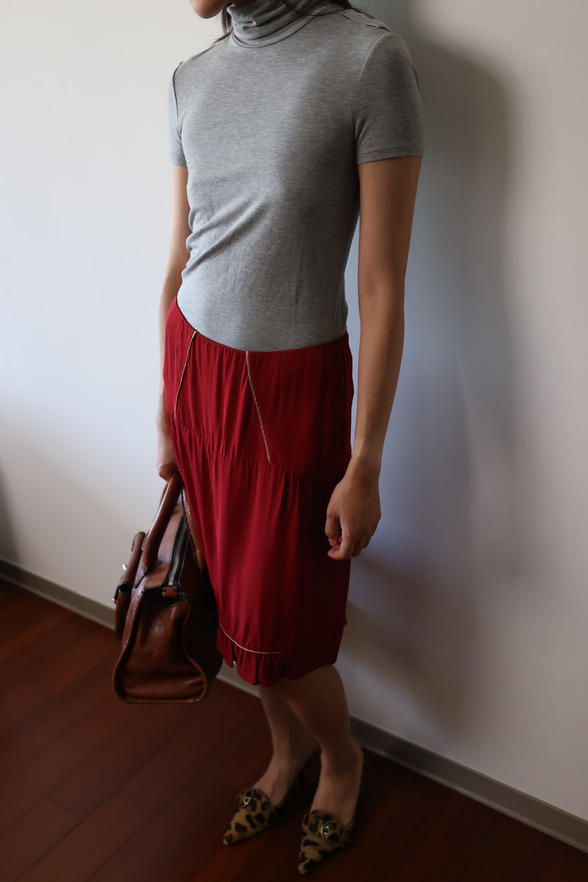 Patrizia Pepe Grey Fitted High-Neck Short-Sleeve Top