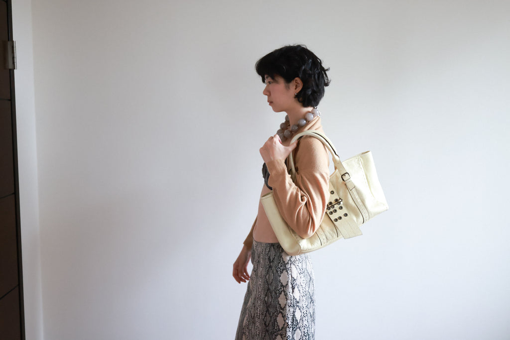 A.D.M.J. White Leather Handbag with Contrasting Ribbon Detail