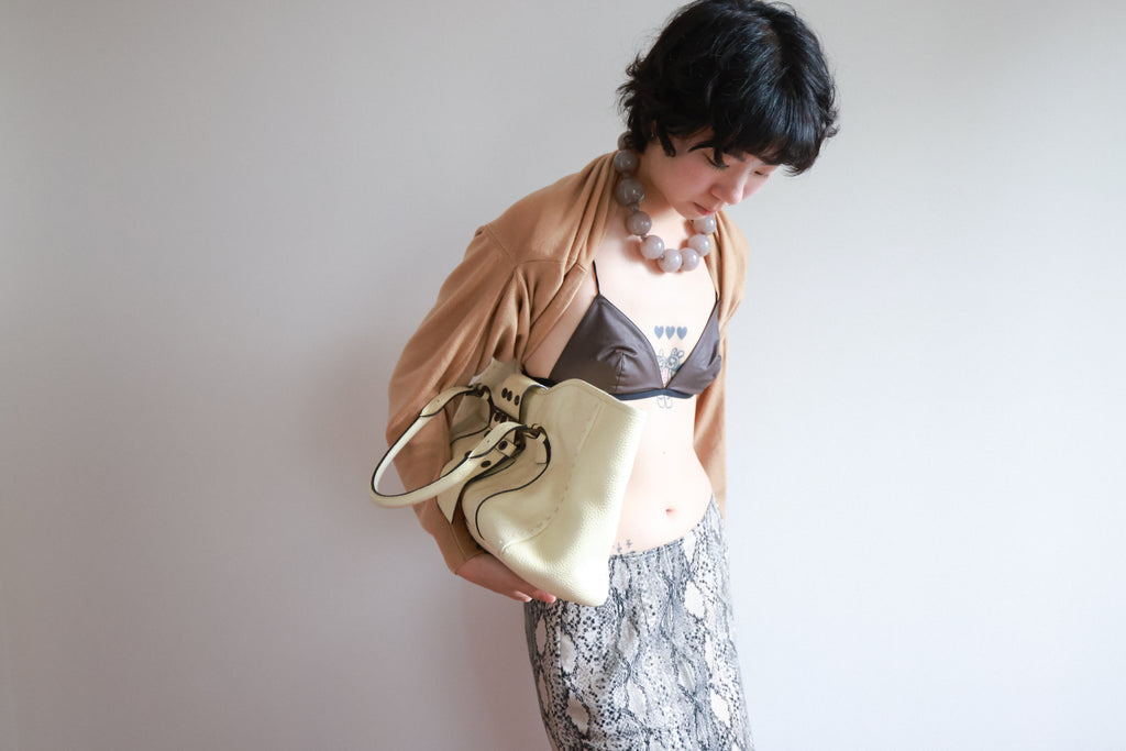 A.D.M.J. White Leather Handbag with Contrasting Ribbon Detail
