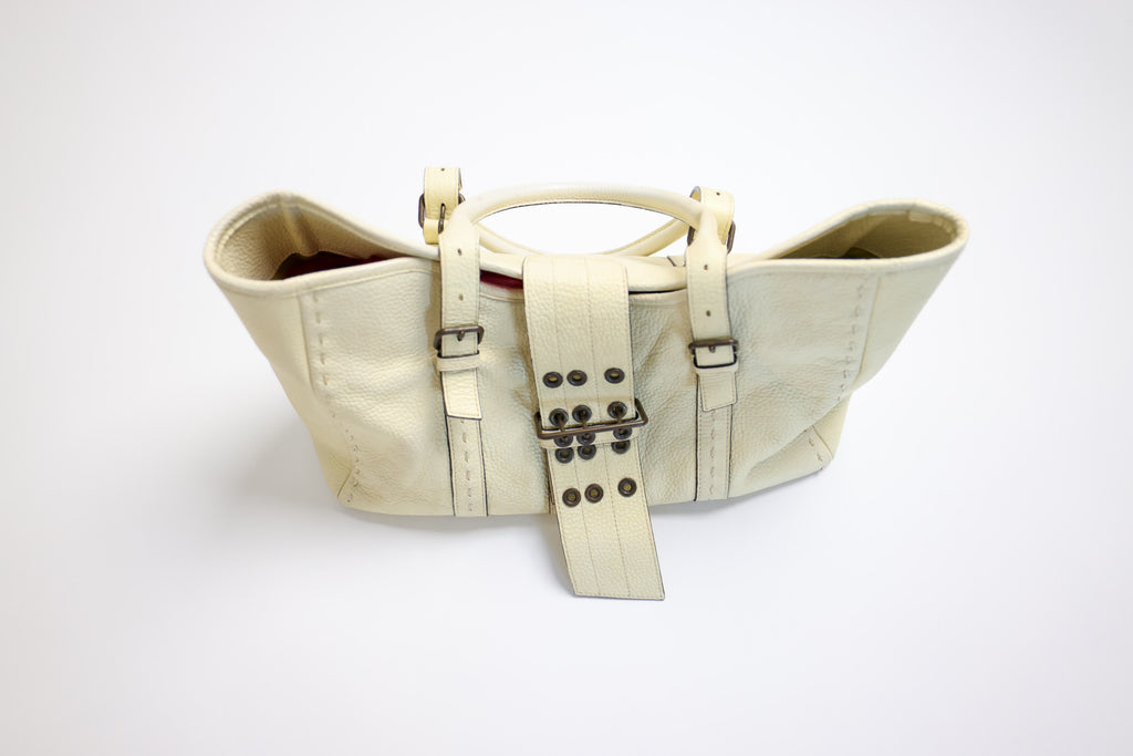 A.D.M.J. White Leather Handbag with Contrasting Ribbon Detail