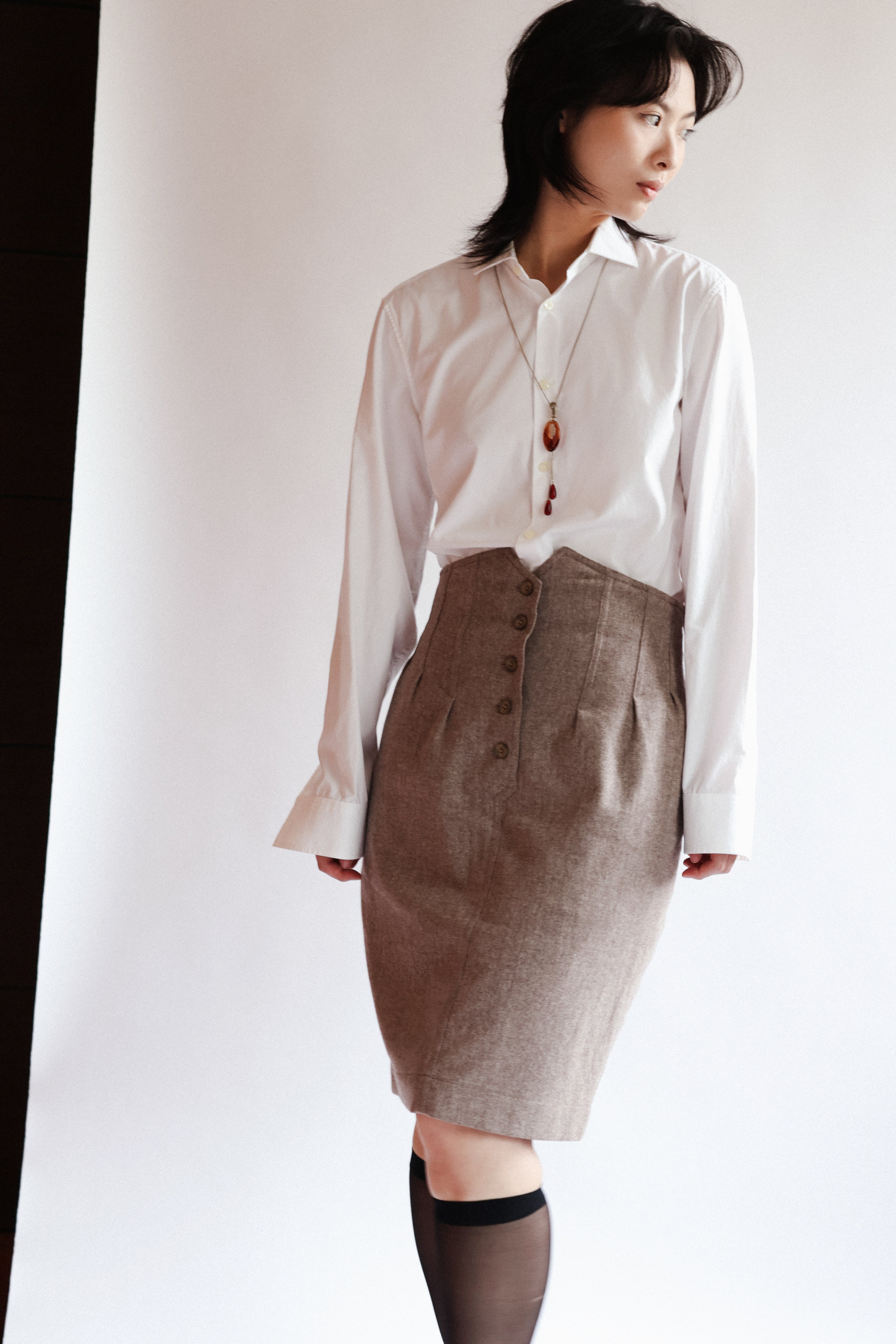 Brown Button-Front Belted Skirt