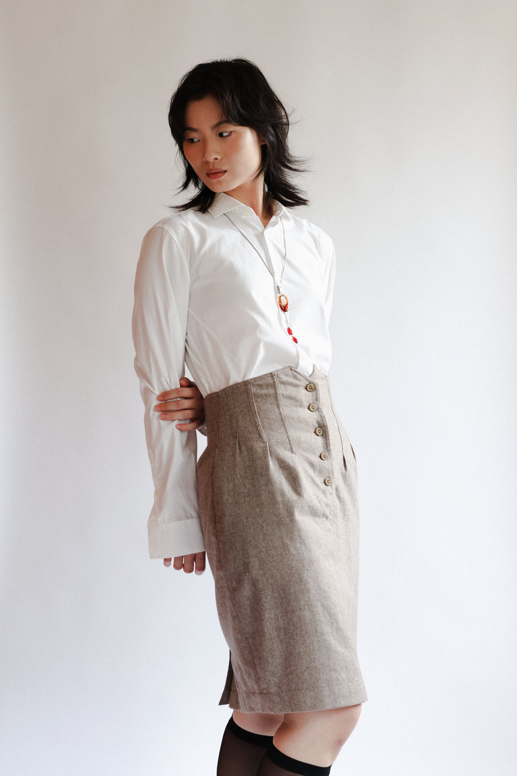 Brown Button-Front Belted Skirt