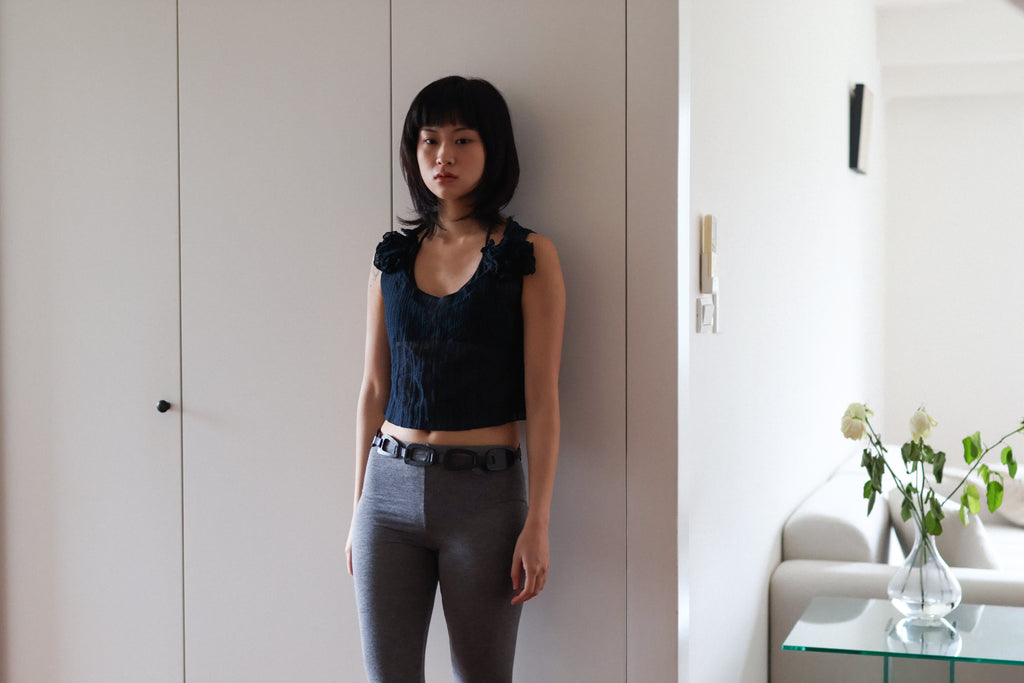 Fine-Knit Top with Floral Shoulder Appliqué