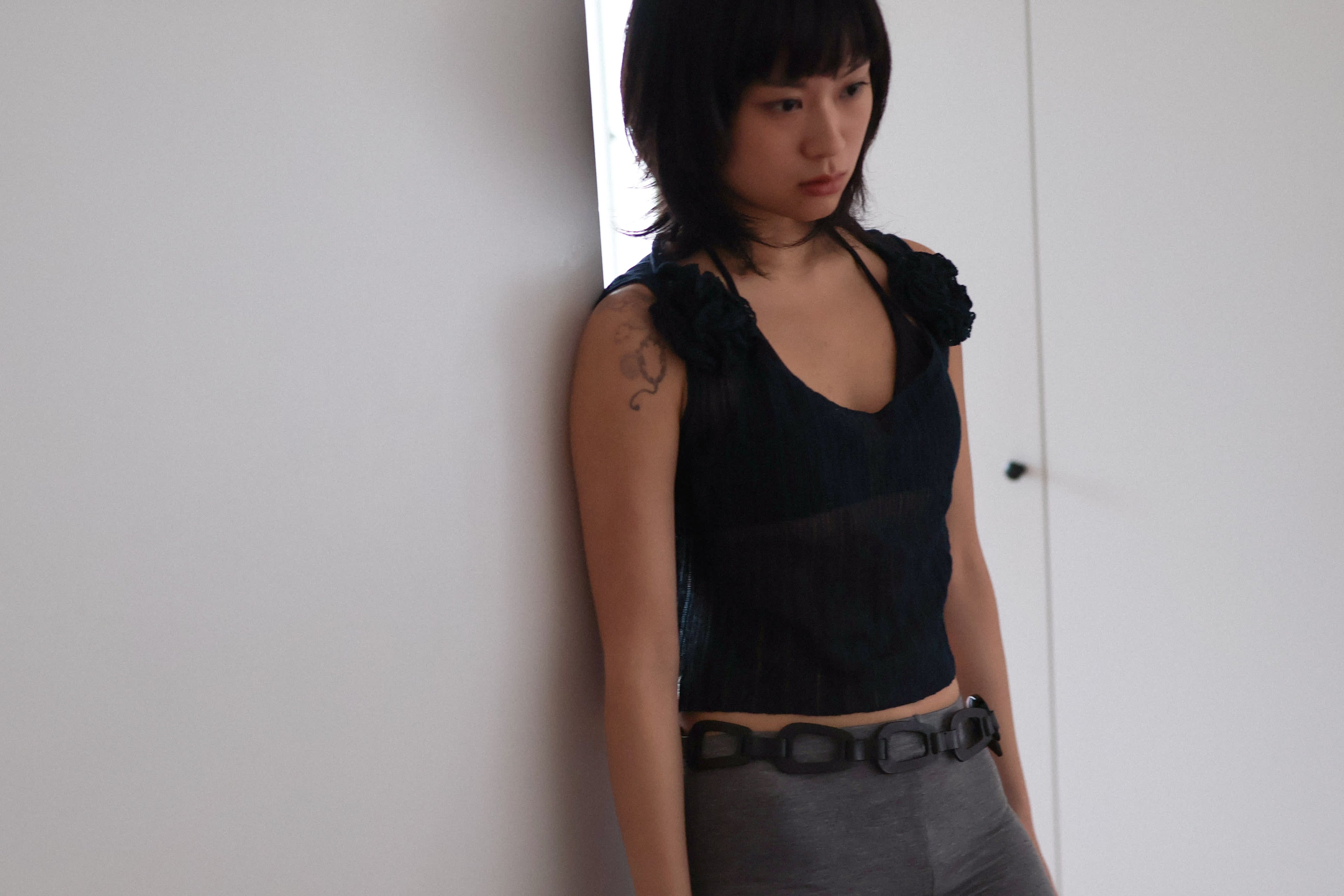 Fine-Knit Top with Floral Shoulder Appliqué