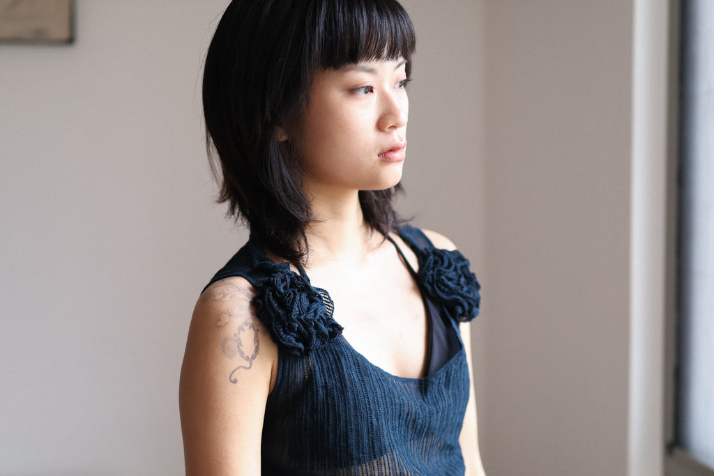 Fine-Knit Top with Floral Shoulder Appliqué