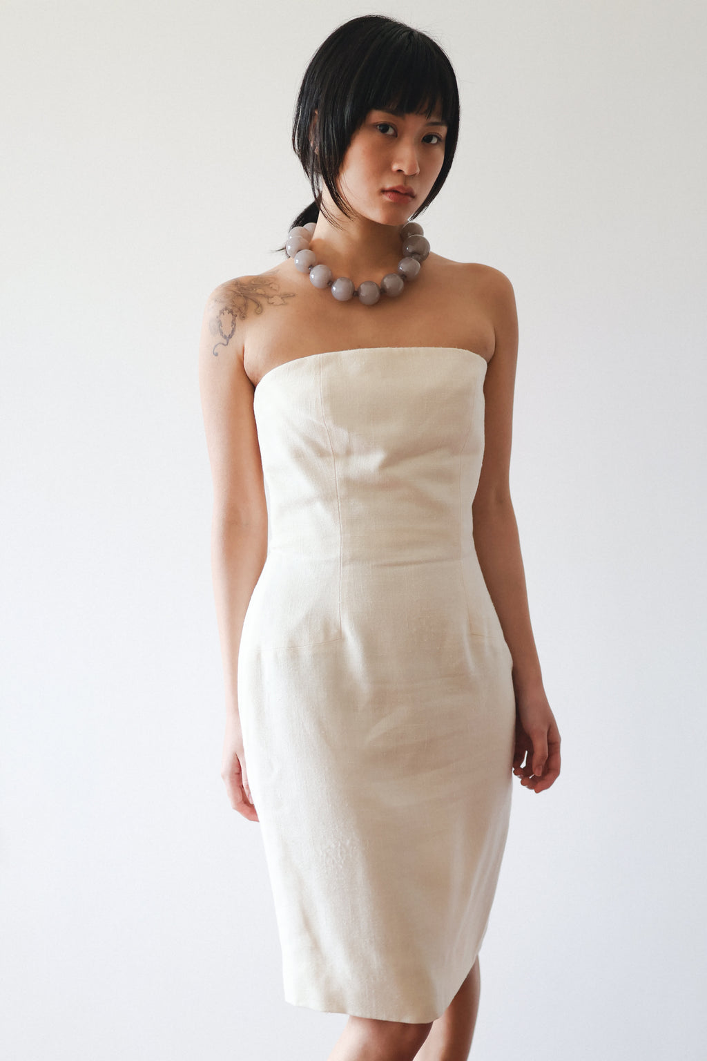 Jean-Louis Scherrer Off-the-Shoulder Cotton-Linen Dress in Off-White