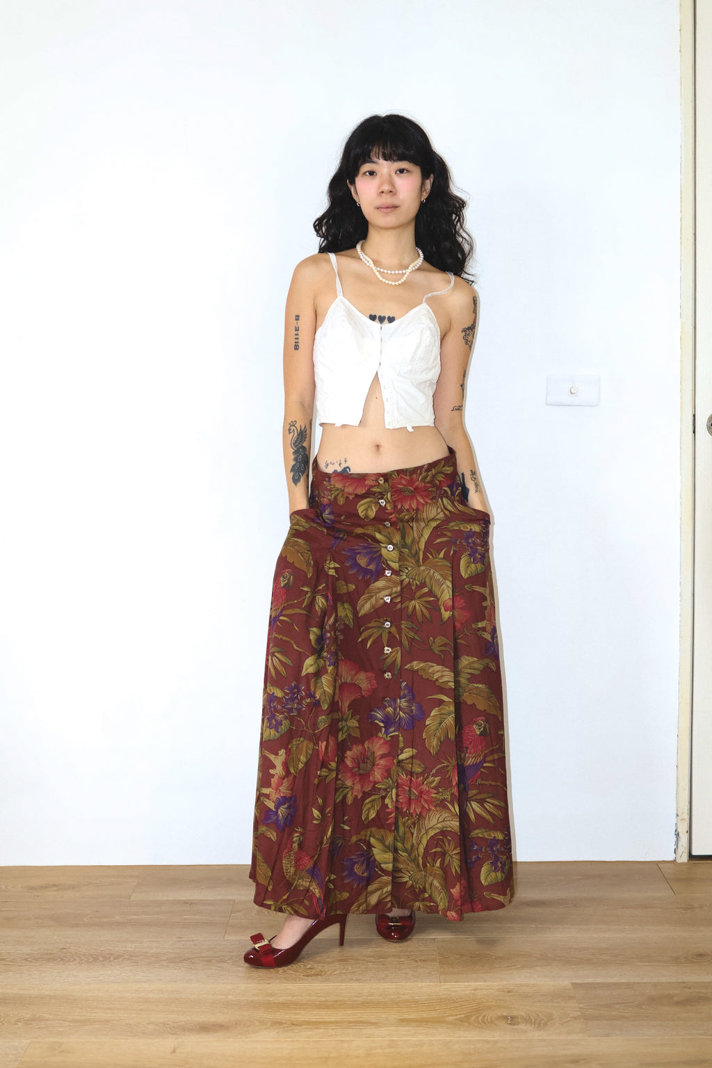 MAX＆Co Floral and Bird Print Button-Down Skirt