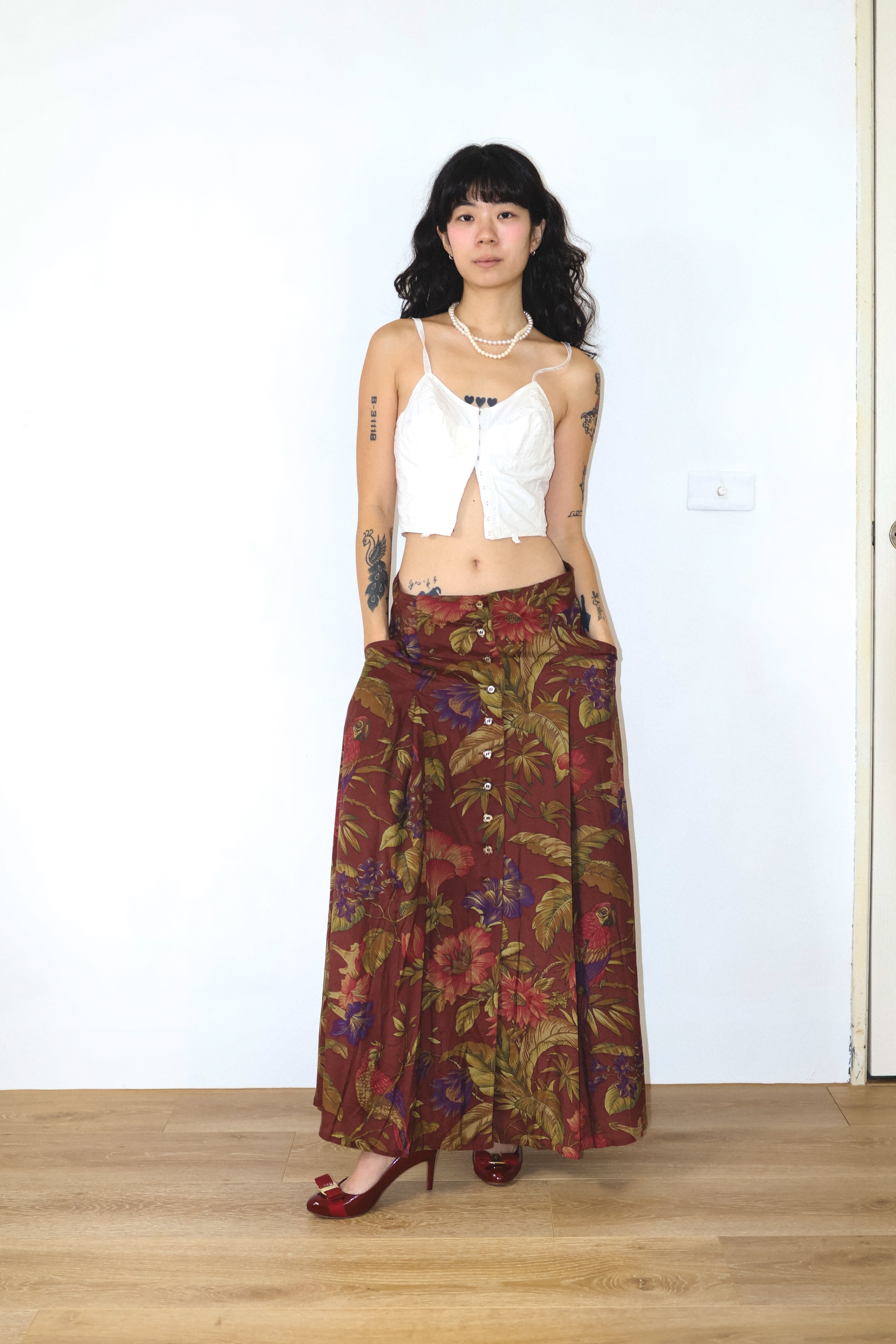 MAX＆Co Floral and Bird Print Button-Down Skirt