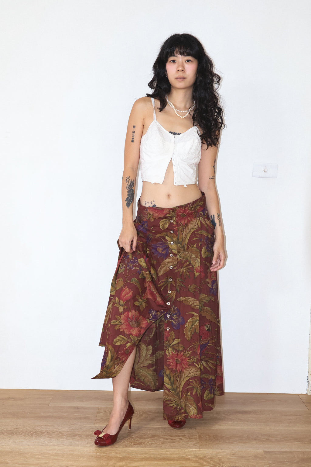 MAX＆Co Floral and Bird Print Button-Down Skirt