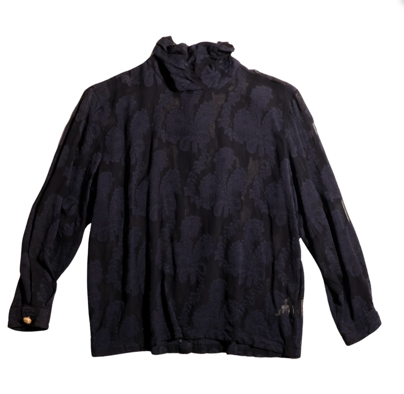 Black Sheer Patterned Top with Gold Buttons
