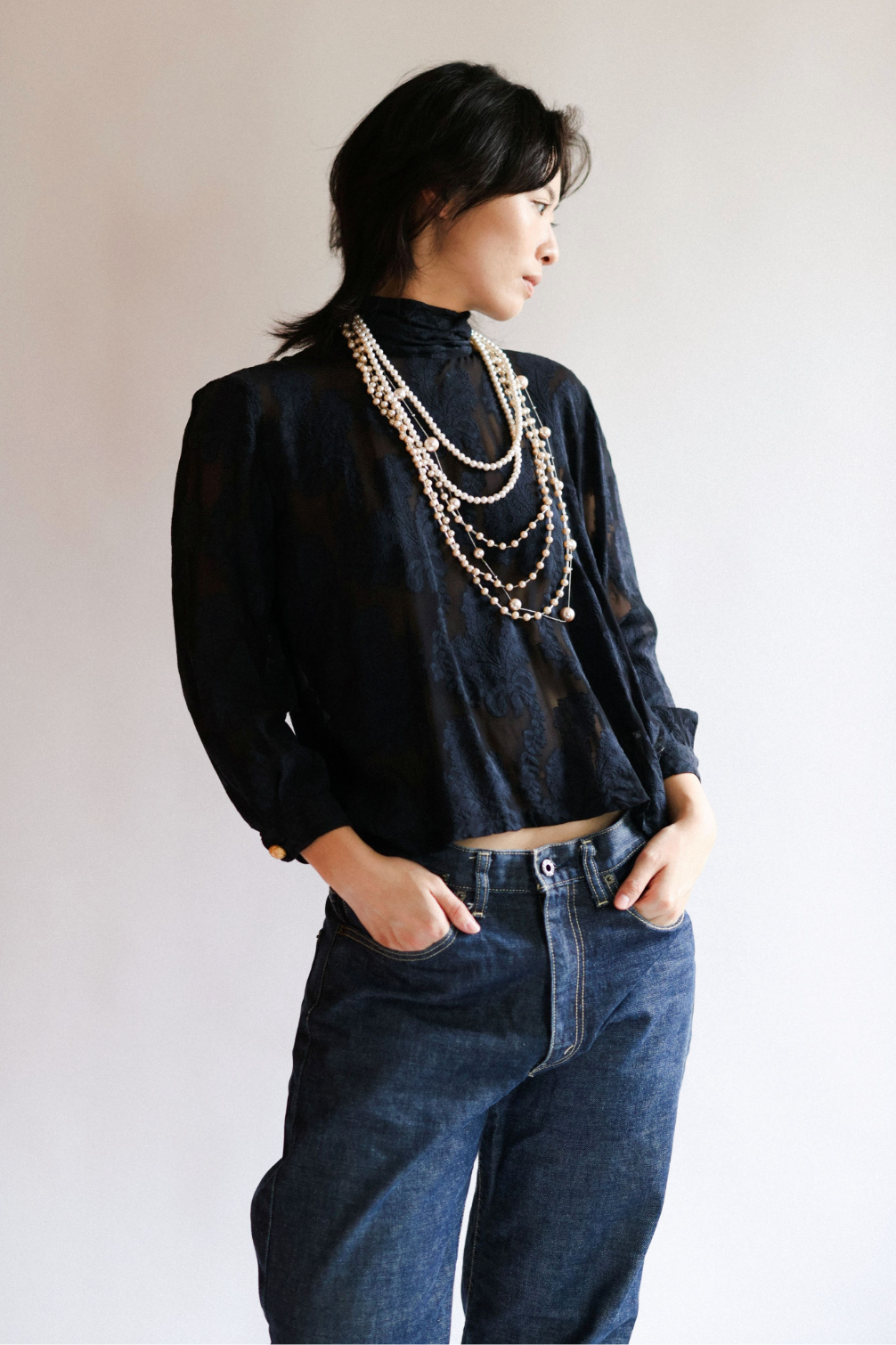 Black Sheer Patterned Top with Gold Buttons