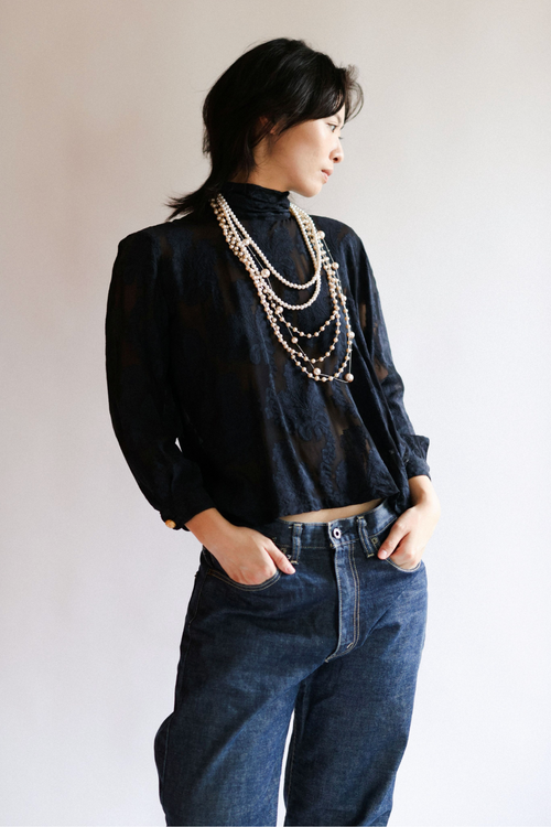 Black Sheer Patterned Top with Gold Buttons