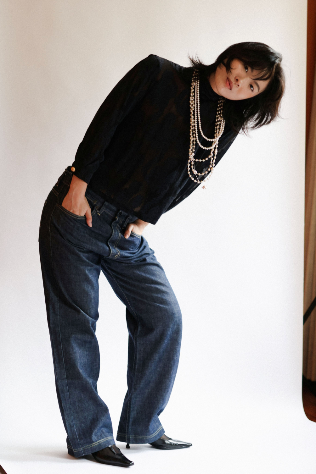 Black Sheer Patterned Top with Gold Buttons