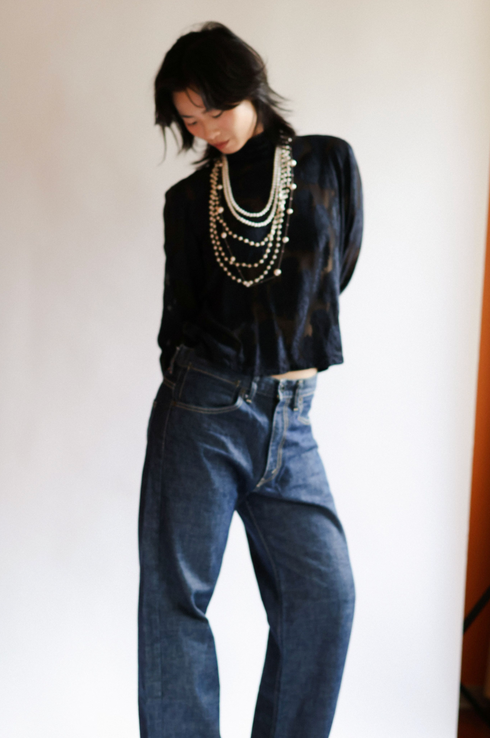 Black Sheer Patterned Top with Gold Buttons